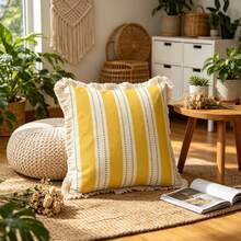 1PC American Country Printed Pillowcase Cover With Tassel Border, Double-Sided Decorative Pillowcase, Yellow Striped Green Polka Dot Design Pattern, Home Decoration, Sofa, Bed, Bedroom(Excluding Pillow Core)-Size Excludes 3cm Tassels - Multicolor - View 8