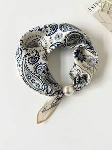 1pc Women's Pearl Magnetic Buckle Slouchy Faux Silk Neck Scarf, Printed Single Short Tail Neck Collar Scarf, Easy To Wear Collar Accessory - Multicolor - View 11