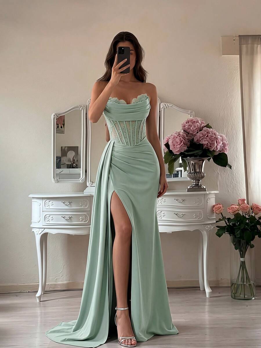 ADYCE Elegant Strapless Lace Patchwork Boned High Waist Lace-Up Back High Slit Floor Length Evening Gown, Suitable For Prom, Formal Dinner, Homecoming Party, Wedding - Green - View 1