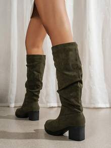 Women's Fashion Thin Heel Pointed Toe Ruched Boots - Olive Green - View 6