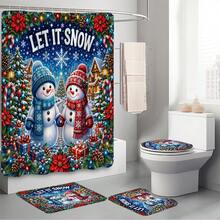 1pc/4pcs Holding Hands Snowman Pattern Multifunctional Bathroom Decor Shower Curtain Set, Free 12 Hooks, Premium Holiday Atmosphere, Bathroom Mat, U-Shaped Floor Mat And Round Toilet Lid Cover, Suitable For All Occasions, Bathroom Set - Holding Hands Snowman - View 9