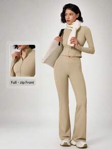 NcmRyu Setelan Olahraga Wanita Satu Set: Jaket Pendek Kerah Tegak Berresleting dan Celana Panjang Model Flare dengan Pinggang V Silang, Warna Polos - Khaki - View 10