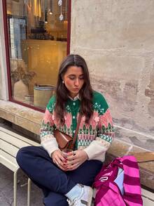 Women's Colorblock Jacquard Fuzzy Cardigan, 3D Floral Button Long Sleeve Knit Sweater, Christmas Holiday Style - Green - View 4