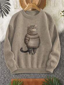 Women's Plus Size Sweater, Cat Pattern, Comfortable Autumn/Winter Women's Clothing, Long Sleeve Crew Neck - Khaki - View 1