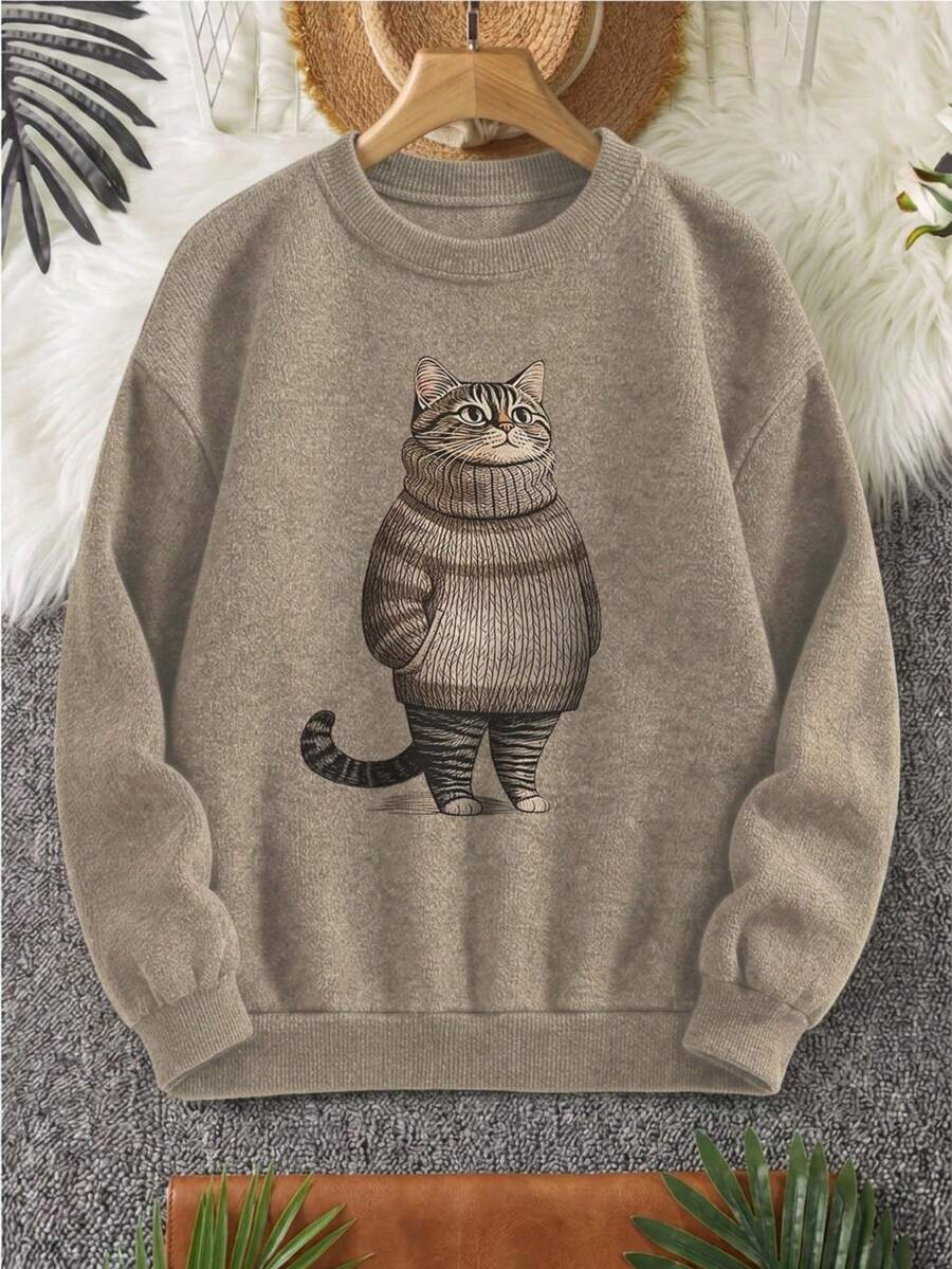 Women's Plus Size Sweater, Cat Pattern, Comfortable Autumn/Winter Women's Clothing, Long Sleeve Crew Neck - Khaki - View 1