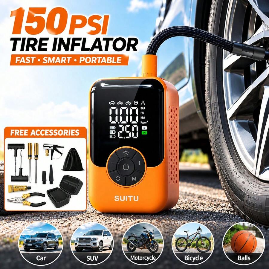 SUITU Portable Tire Inflator, Fast Wireless Bicycle Pump, Mini Air Compressor + Free 3M Car Power Cable, 150PSI Portable Air Pump With Digital Pressure Gauge, 7.4V 1500Mah Portable Charger