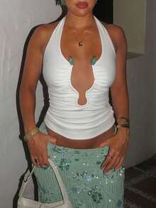 Women's Summer Vacation Beach Metal Sexy Ruched Halter Neck Crop Top White - White - View 2