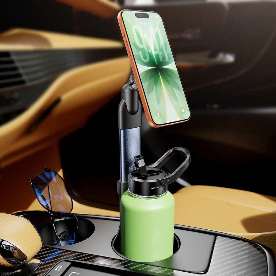 Car Cup Holder Phone Mount, Telescopic Aluminum Alloy Pole Magnetic Car Cup Holder Phone Mount, Universal Car Center Console Cup Slot Multi-Function Holder - Black - View 1