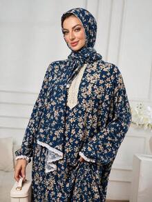 Women's Navy Blue Ditsy Floral Abaya Dress With Matching Ruffle Trim Hooded Hijab, Long Sleeve Loose Long Ramadan Prayer Robe For Ramadan And Eid - Royal Blue - View 4