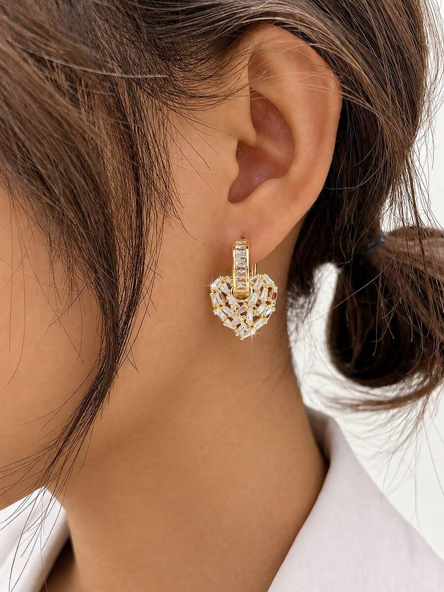 1 Pair Elegant Cubic Zirconia Heart-Shaped Earrings, Suitable For Women, Suitable For Weddings, Engagements, Anniversaries, Parties, Mother's Day Gift