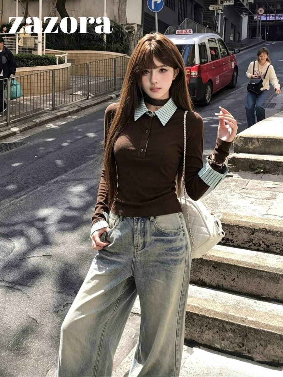 Korean Style Polo Collar Long Sleeve T-Shirt Women Inner Layer Slim Fit Flattering Unique Beautiful Base Layer Top Autumn Clothing - Brown - View 1