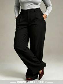 Women's Plus Size Black Straight Leg Pants, Slightly Stretchy, Versatile All-Match Style, Suitable For Daily Wear - Black - View 6