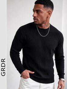 GRDR Men's Black Vertical Ribbed Crew Neck Sweater Slim Fit Textured Knit Pullover Casual Base Layer Top Autumn/Winter - Black - View 7