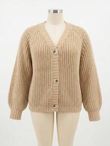 Cozy Plus Size Deep V Neck Cardigan For Women, Long Sleeve Rib-Knit Button Front Sweater, Ideal For Autumn And Winter Outfits - Apricot - View 5