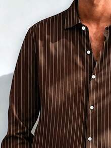 Vintage Striped Casual Commute 3D Digital Print Plus Size Lightweight Button Pocket Long Sleeve Shirt For Men - Brown - View 5