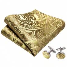 5Pcs Men Gold Paisley Jacquard Bow Tie Pocket Square Cufflinks Ring Boutonniere Set, Cufflinks Pattern Random For Wedding - Gold - View 4