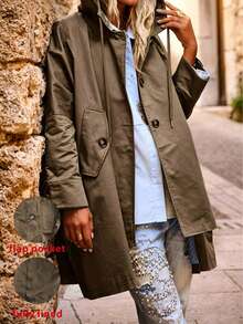 Women's Loose Hooded Trench Coat, Casual Loose Long Jacket, Button Front Design, Asymmetrical Hem, Autumn Hot-Selling New Arrival - Dark Olive Brown - View 2