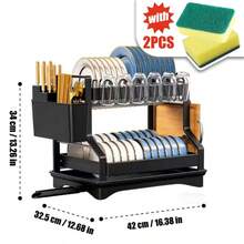1PCS 2-Tier Carbon Steel Dish Drying Rack Dish Drainer Large Capacity With Drip Tray And Cutlery Holder, Space-Saving For Kitchen Counter - Black - View 3