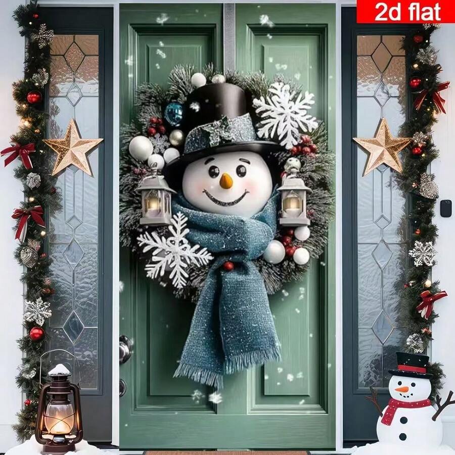 2D Flat Charming Snowman And Christmas Wreath Door Banner, Polyester Holiday Decoration, Perfect For Indoor/Outdoor Parties And Photo Booths