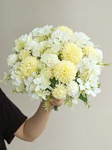 1pc Artificial Hydrangea & Chrysanthemum Mixed Flower Bouquet, Faux Silk Ball Flower Bunch With Green Leaves, Fall Autumn Home Vase Arrangement, Wedding Table Decor - Yellow - View 6