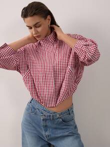 Women's Plaid Stand Collar Long Sleeve Flight Jacket - Red - View 6