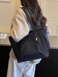 尼龍大容量黑色極簡托特包，多口袋設計通勤手提包，輕量耐用學生單肩包，適合工作通勤、旅行、校園 - 黑色 - 查看 6