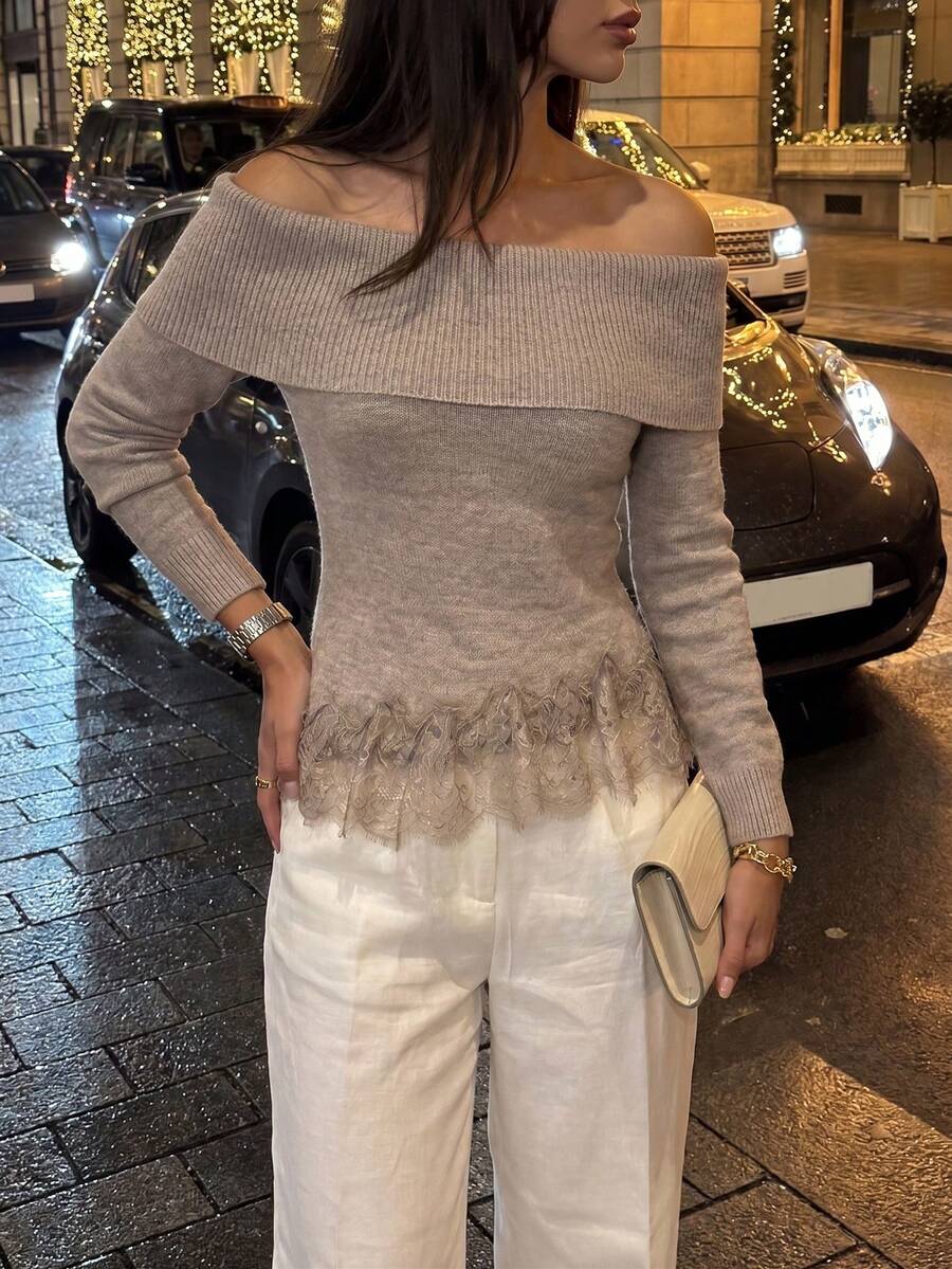 كنزة نسائية بكتف مكشوف من الصوف المحبوك اللامع، كنزة بأكمام طويلة مع حافة دانتيل وتصميم مرقع، إطلالة أنيقة وفاخرة للخريف والشتاء وليلة الموعد
