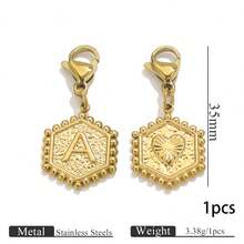 1pc Stainless Steel Gold Plated Hexagonal Letter Charm With Lobster Clasp, Alphabet Heart Pattern Pendant, DIY Keychain Bag Charm Accessories - one-size - View 55