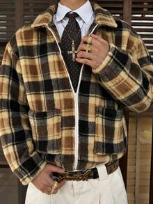 GOLDREDY Men's Casual Versatile Plaid Fleece Warm Comfortable Turn Collar Full Zip Sweatshirt, Autumn/Winter - Multicolor - View 5