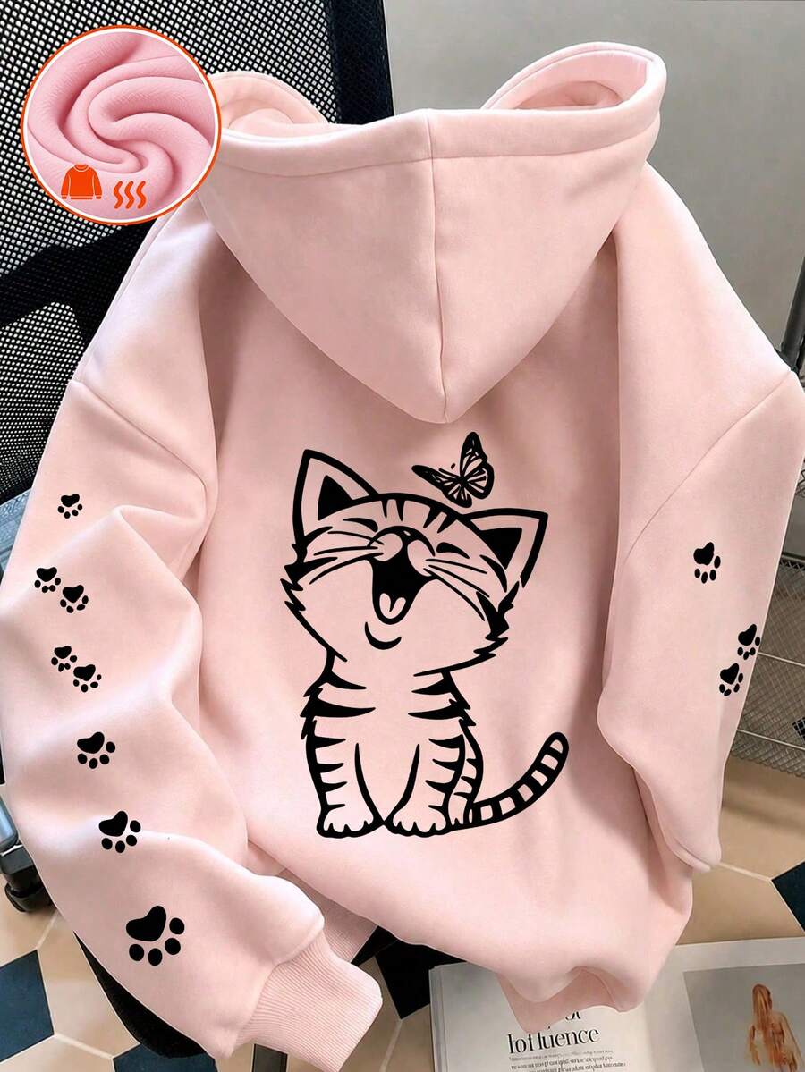 Tween Girl 1pc Fleece Lined Thick Warm Cute Cartoon Cat Print Hooded Sweatshirt With Cat Paw Sleeve Design, Young Student Children's Clothing, Suitable For Kids Autumn/Winter Long Sleeve Top, Girls Autumn/Winter Outfit - Pink - View 1