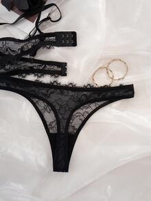 1 Set Women's Lace Patchwork Underwire Thin Cup Lingerie Set - Black - View 6