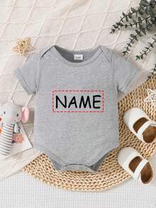 [Custom] Baby Short Sleeve Romper, Baby Girls Customizable Name Print In Simple Frame, Round Neck Soft Fabric, Versatile Casual Jumpsuit, Durable And Washable - Grey - View 1