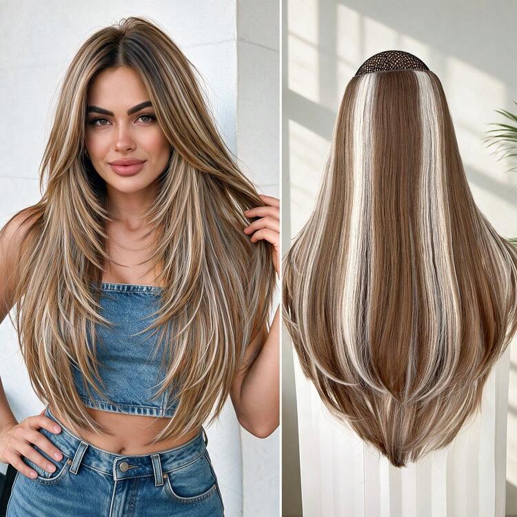 HEYPINK Clip-In Hair Extensions V-Shape 22 Inch Long High Layered Inner Curl Soft Wave Heat-Resistant Fiber Synthetic Hair Pieces For Women And Girls Party And Daily Use - Multicolor - View 10