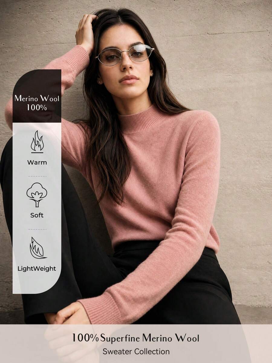 100% Merino Wool Women's Sweater Soft Warm Mock Neck Pullover Fall Winter Sweater One-Line Seamless Sweater Autumn Outfit For Women Fall Clothes - Pink - View 1