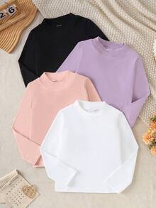 Girls' Semi-High Neck 4-Color Base Layer Top, Fitted Slightly Loose Straight Cut, Long Sleeve Cuffed Hem, Basic Style Suitable For All Outerwear, Unisex For Tween Girl In Autumn/Winter - White - View 6