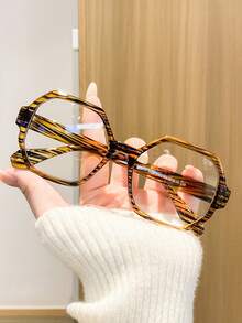 1 Pair Women's Polygon Frame Yellow Striped Clear Lens Glasses, Minimalist Versatile Fresh Face-Flattering Eyewear, Suitable For Short Trips, Friend Gatherings, Daily Commute, Artistic Store Visits - Clear - View 2