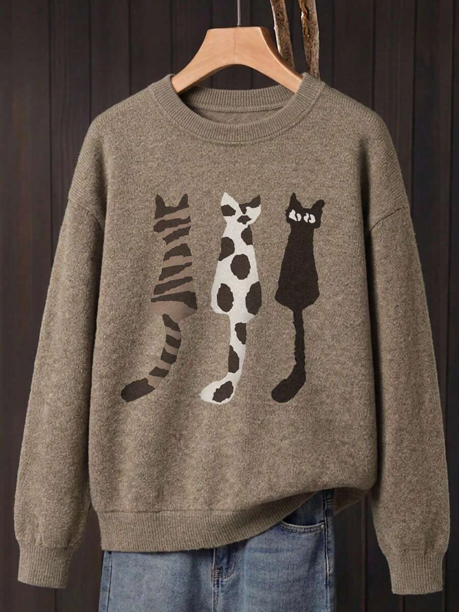 Sweater Wanita Ukuran Besar, Motif Tiga Anak Kucing, Pakaian Wanita Nyaman untuk Musim Gugur/Dingin, Lengan Panjang, Leher Bulat - Khaki - View 1