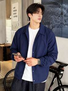 1pc Men's Navy Blue Lapel Jacket, Smooth Lightweight Woven Fabric, Draping And Non-Deforming, Machine Washable, Suitable For Campus, Commute, Daily Casual, Couple Matching, Basic Lapel Outerwear - Navy Blue - View 2