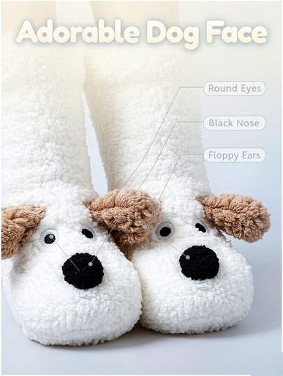 1 Pair Cute Animal Plush Socks, Unisex Winter Warm Fuzzy Floor Socks, Soft Comfortable Thick Plush Slipper Socks, Non-Slip Grip Bottom, Cozy Home Socks For Bedroom, Sleeping, Lounge, Indoor Walking, Cartoon Dog Design Warm Socks, Gift For Family And Friends, Multiple Colors And Styles Available