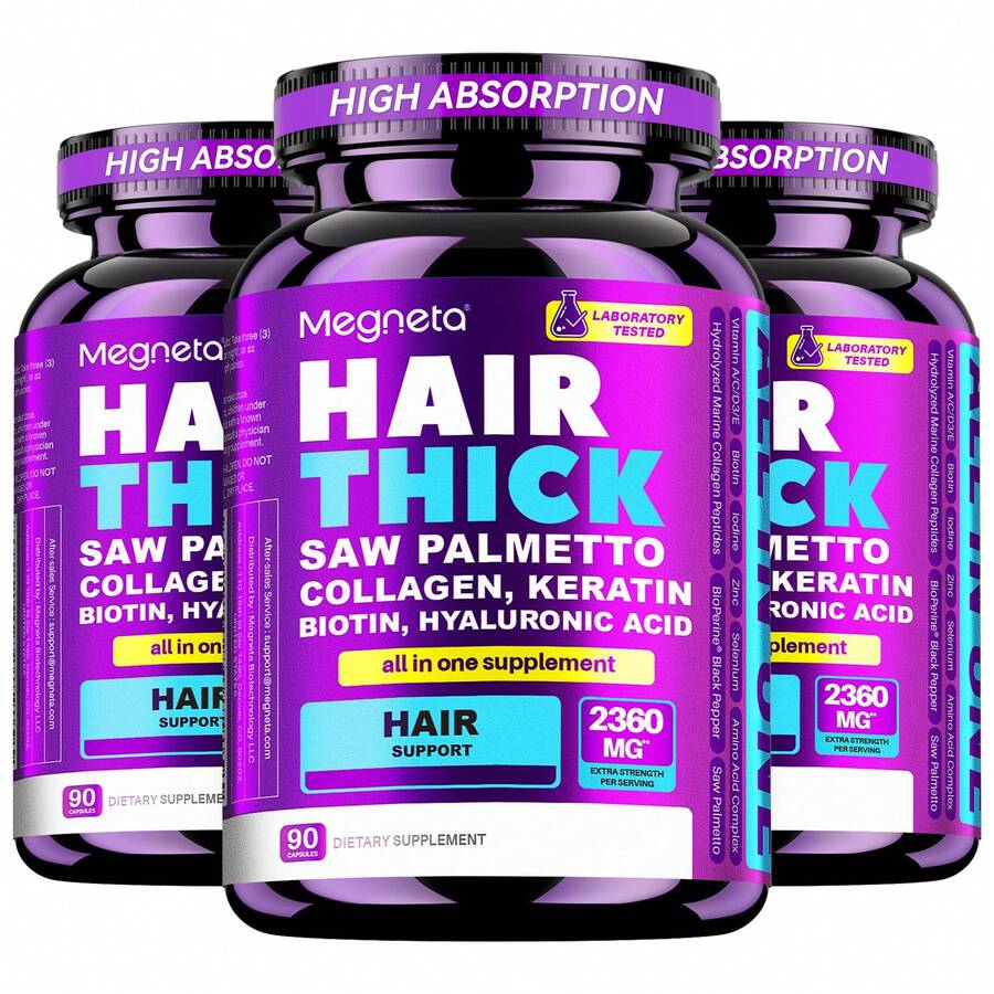 MEGNETA Suplemento para la densidad y fuerza capilar | Nutre el cabello fino y aporta volumen | Con biotina, péptido de colágeno, palma enana americana, vitamina C, D3, E, ácido hialurónico y complejo de aminoácidos | Fórmula suave con el estómago | 270 cápsulas