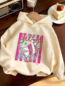Tween Girls Pullover Hoodie, Silly Duck Colorful Cartoon Front Graphic Print, Fall Winter Casual Daily Tops - Apricot - View 2