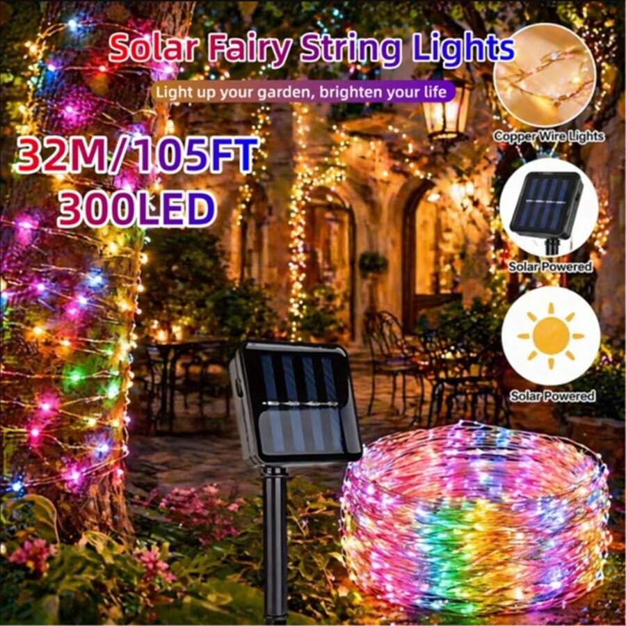 1pc Solar Powered Copper Wire String Lights, Outdoor Patio Party Lawn Camping Garden Christmas Lights