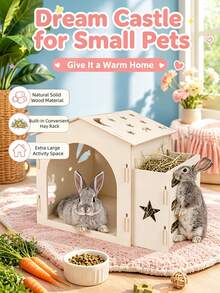 1pc Wooden Rabbit Hamster Cabin With Side Hay Feeding Trough, Star Moon Hollow Rabbit Nest, Natural Wooden Pet Shelter, Suitable For Rabbits, Guinea Pigs, Hamsters - one-size - View 2