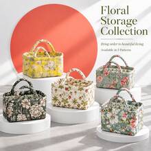 Floral Fabric Storage Basket With Handles, Quilted Organizer Bin For Bedroom, Bathroom, Closet And Shelves, Portable Clothes And Cosmetics Storage Box For Home Decor - Multicolor - View 2