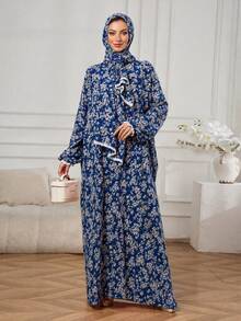 Women's Navy Blue Ditsy Floral Abaya Dress With Matching Ruffle Trim Hooded Hijab, Long Sleeve Loose Long Ramadan Prayer Robe For Ramadan And Eid - Royal Blue - View 3