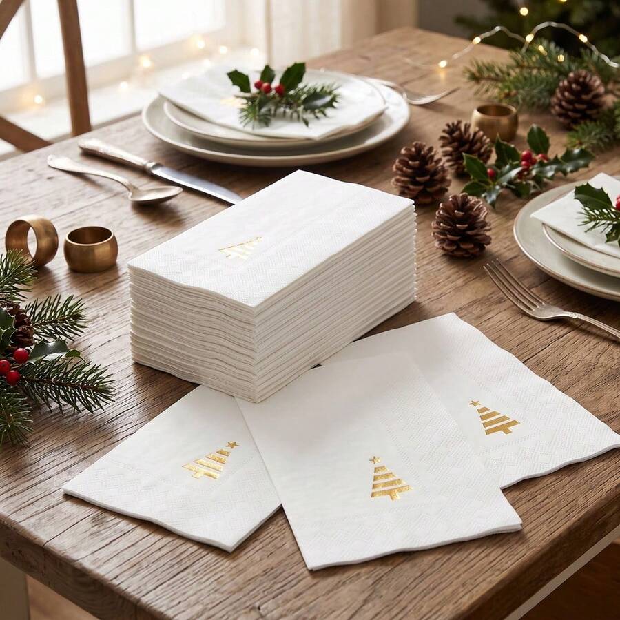 Minimalist Gold Christmas Tree Paper Napkins, Elegant White Holiday Cocktail Tissues For Xmas Party Dinner Table Decor - Style 1 - View 1