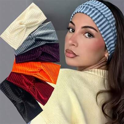 Autumn Solid Color Cross Gold Velvet Vertical Stripe Thickened Headband For Women Fashionable Outdoor Sports Fitness Cold-Proof And Warm Headband