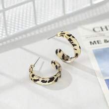 2pcs New Korean Style Women's Exaggerated Earrings, Brown Leopard Print Geometric Hoop Earrings, Vintage Fashion Jewelry Gift - Multicolor - View 3