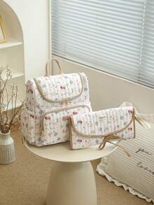 Tas Popok Motif Bunga, Tas Ransel Popok dengan Alas Ganti Popok & Tas Penyimpanan Popok untuk Ibu dan Ayah, Tas Ganti Popok Berbahan Quilted, Alas Ganti Popok, Pengatur Popok - MultiWarna - View 3