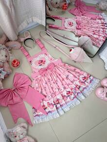 1PC Sweet Cute Lolita Suspender Dress, Lolita Daily Outfit, Suitable For Holiday Party Performance Wear, Suitable For All Holiday Gifts, COSPLAY Role Play Costume - Pink - View 5